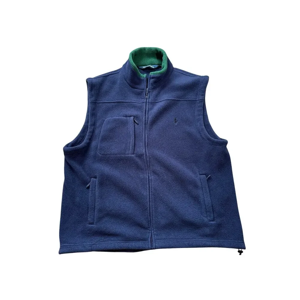 Polo Ralph Lauren Fleece Vest Mens XXL Navy Blue Green Trim Full Zip Gorpcore